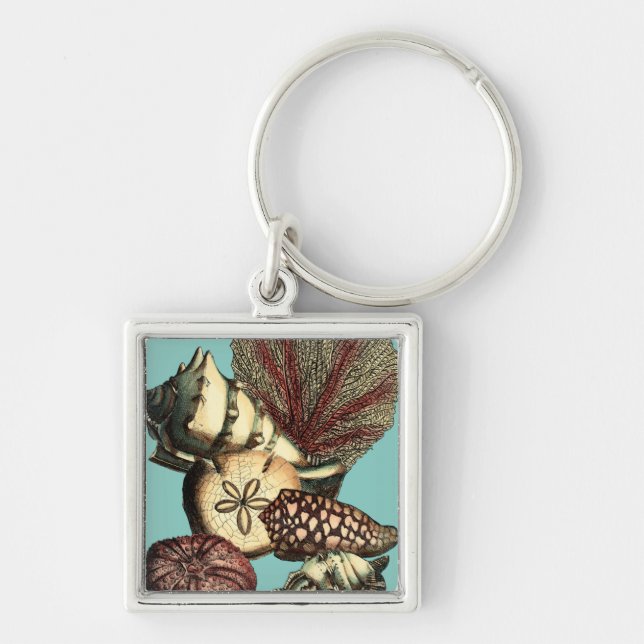 Turquise Snäcka och Red Coral Collection Fyrkantig Silverfärgad Nyckelring (Framsidan)