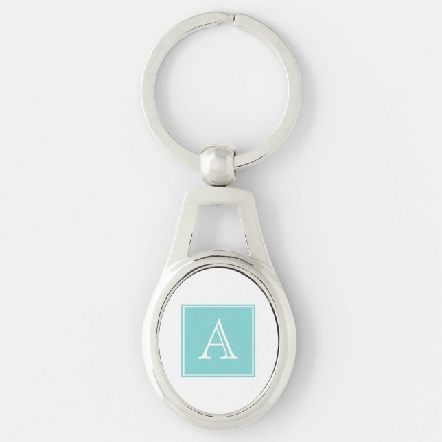Turquise Square Monogram Metall Keychain Ovalt Silverfärgad Nyckelring (Framsidan)