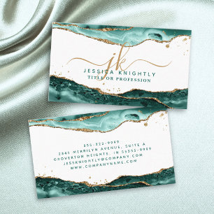 Turquise Teal Agate-skript Monogram Guld Glitter Visitkort