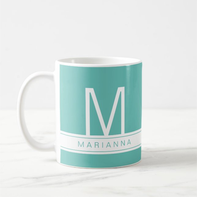 Turquise Teal Blue Modern Monogram och Namn Kaffemugg (Vänster)
