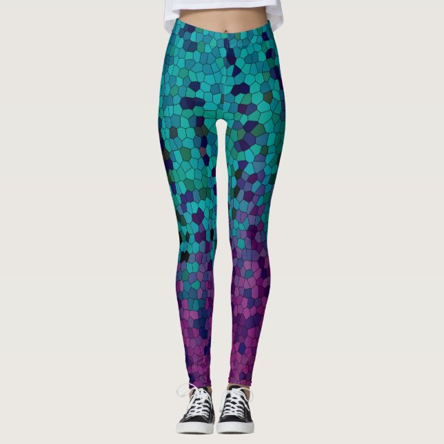 Turquise Teal Blue och Lila Violet Mosaic Leggings (Framsida)