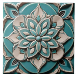 Turquise Teal Faux Relief Blommigt Flower Aqua Blu Kakelplatta
