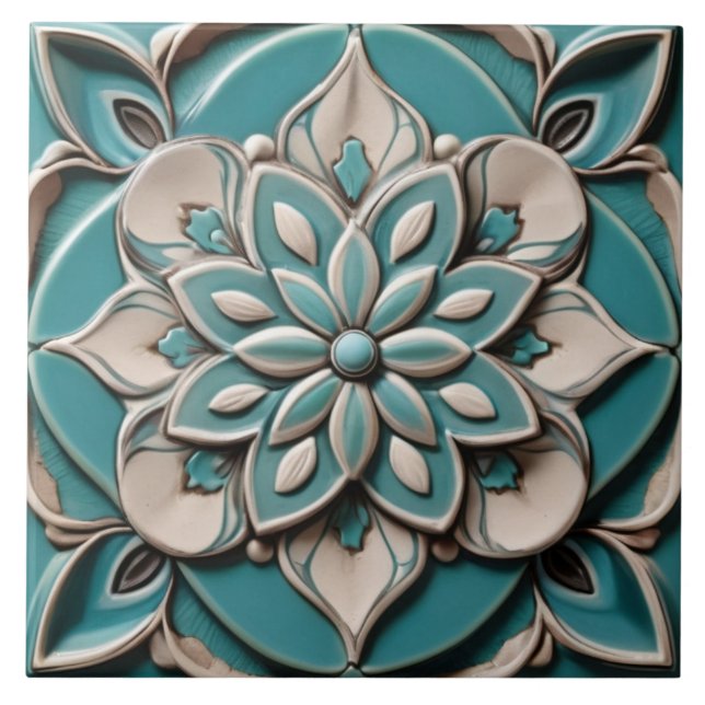 Turquise Teal Faux Relief Blommigt Flower Aqua Blu Kakelplatta (Framsidan)