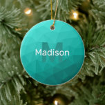 Turquise teal geometric mönster Monogram Julgransprydnad Keramik<br><div class="desc">Turquise teal ombre geometric mesor mönster Monogram Ceramic Julgran Ornament. Monogram Anpassa med din anpassningsbar från början och namn. Triangelns geometriska nät med lätt mörk Turquise teal ombre-gradient modern design.</div>