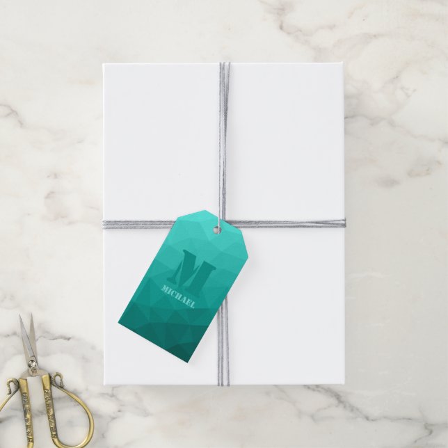 Turquise teal geometric mönster Monogram Presentetikett (Med Snöre)