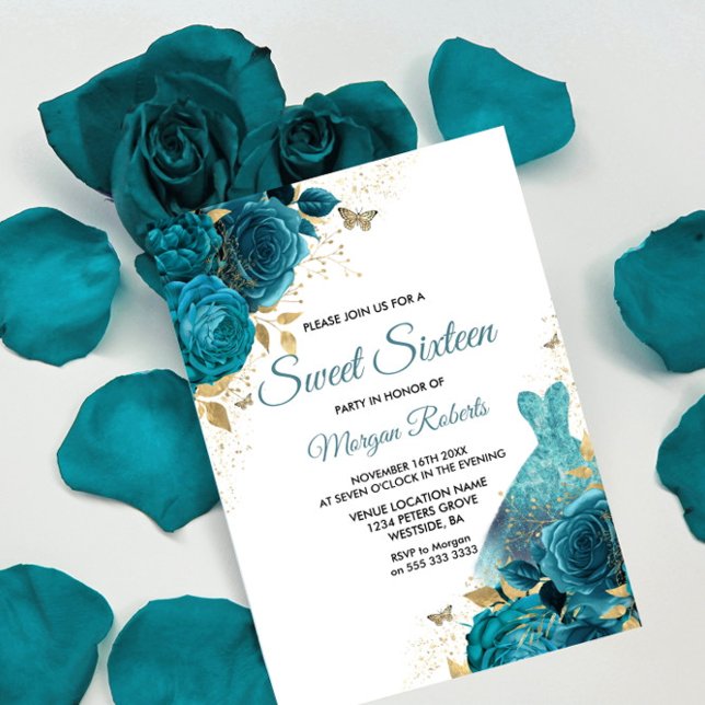 Turquise Teal Gnistra Dress Sweet 16 Party Inbjudningar (Skapare uppladdad)