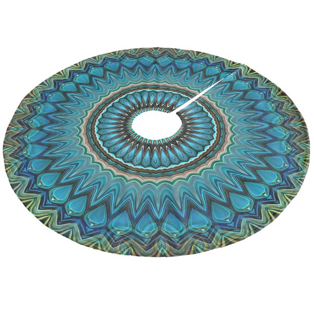 Turquise Teal Grönt Mandala Round Star Mönster Julgransmatta Fleece (Vinklad)