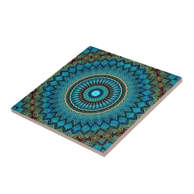 Turquise Teal Grönt Mandala Round Star Mönster Kakelplatta (Sidan)