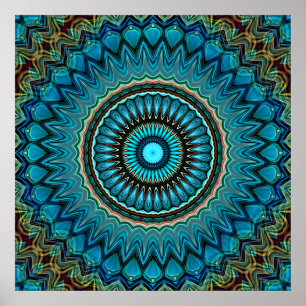 Turquise Teal Grönt Mandala Round Star Mönster Poster