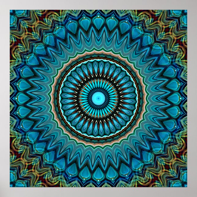 Turquise Teal Grönt Mandala Round Star Mönster Poster (Framsidan)