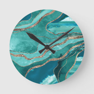 Turquise Teal Marble Agate Guld Glitter Glam #1 Rund Klocka