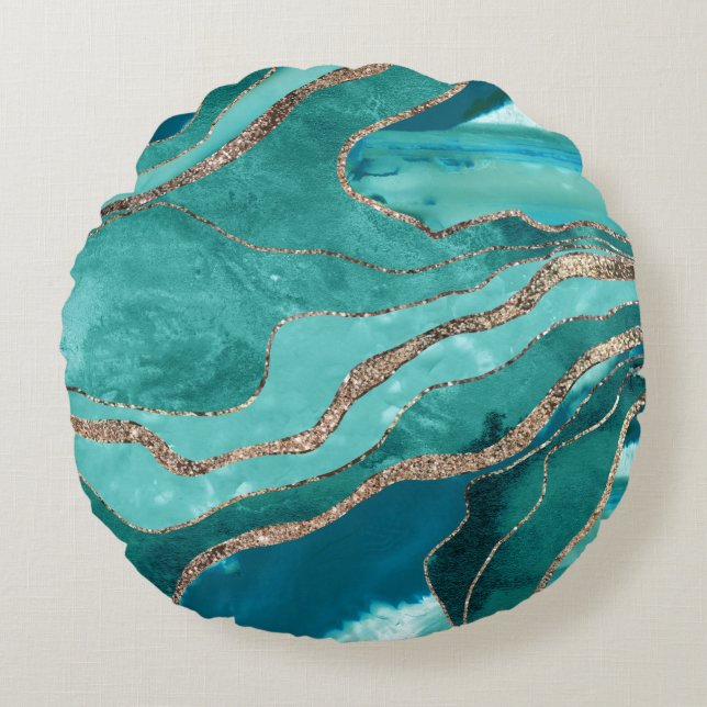 Turquise Teal Marble Agate Guld Glitter Glam #1  Rund Kudde (Framsidan)