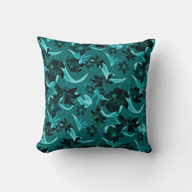 Turquise & Teal Modern Blommigt | Lily Flowers Kudde (Framsida)