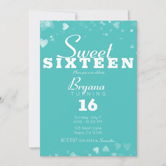 Turquise Teal & White Hearts Chic Sweet 16 Party Inbjudningar (Framsida)