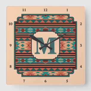 Turquise Terracotta Monogram i sydvästlig design Fyrkantig Klocka