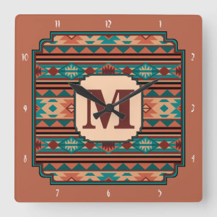 Turquise Terracotta Monogram i sydvästlig design Fyrkantig Klocka