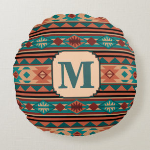 Turquise Terracotta Monogram i sydvästlig design Rund Kudde