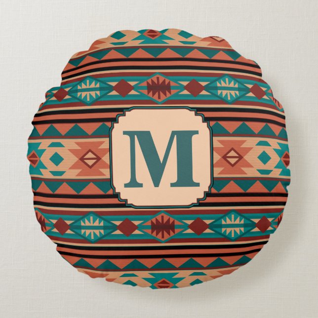 Turquise Terracotta Monogram i sydvästlig design Rund Kudde (Framsidan)