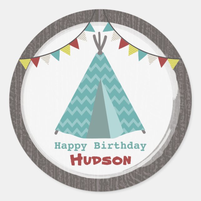 Turquise Tipi Birthday Sticker Runt Klistermärke (Framsida)
