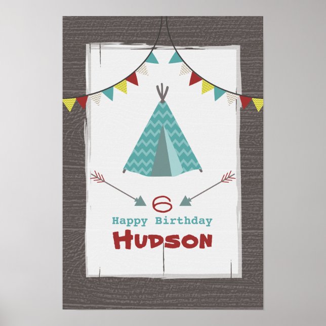 Turquise Tipi Camping Birthday Poster (Framsidan)