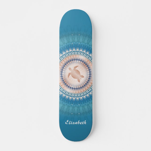 Turquise Turtle Mandala Monogram ro Guld Mini Skateboard Bräda 18,5 Cm (Framsida)