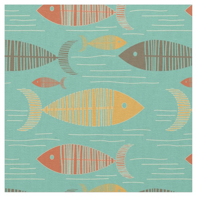 Turquise Vintage Kitsch Fish Fabric Tyg (Närbild)