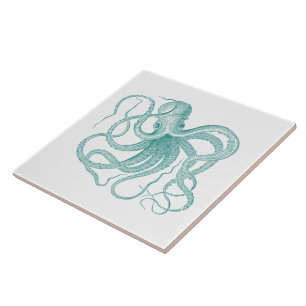 Turquise Vintage Nautical Octopus Kakelplatta