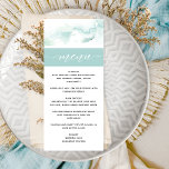 Turquise Watercolor, Elegant bröllop Meny<br><div class="desc">Önska dina gäster med den här eleganten-menyn. Använd separat design med delikat vattenfärgsbakgrund i en blandning av turkos, akvarier, dammiga blått och mjuka nyanser av grönt på framsidan och baksidan. Modern skriftlig kalligrafi "Menu" över Turquise Aqua-eleganten. Handskrivna uppgifter om kalligrafi och guld inslag. Tillbaka med vattenfärgsbakgrund och turkospisering, i den...</div>