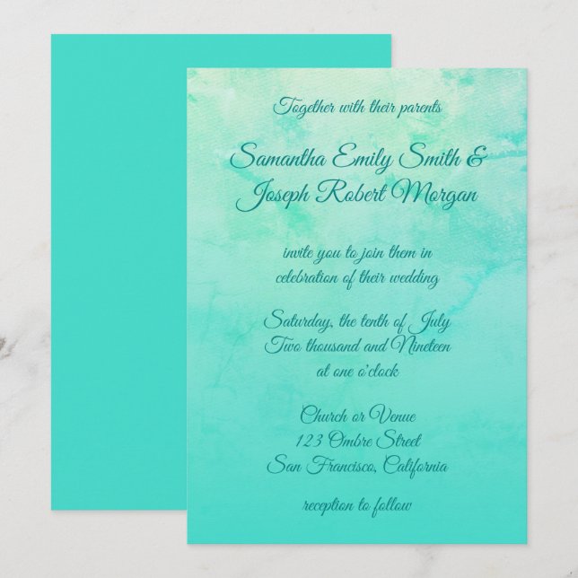 Turquise Watercolor Ombre Calligraphy Bröllop Inbjudningar (Fram/baksida)