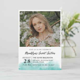 Turquise Watercolor Photo Sweet 16 Inbjudningar