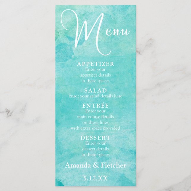 Turquise Watercolor Typography Bröllop Menu Meny (Framsida)