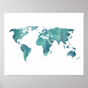 Turquise Watercolor World Map Poster