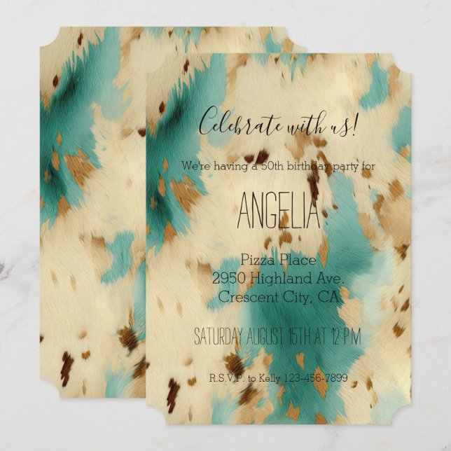 Turquise White Guld Cowhide Inbjudningar (Fram/baksida)