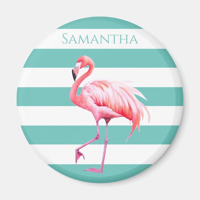 Turquise White Rand Cute Tropical Rosa Flamingo Magnet (Framsidan)