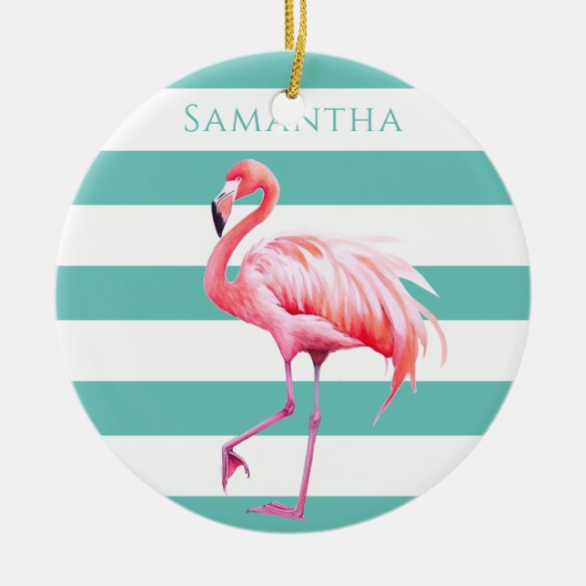 Turquise White Rand Rosa Flamingo Jul Julgransprydnad Keramik (Framsidan)