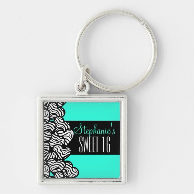 Turquise zebra hjärta Sweet 16 Birthday Keychain Fyrkantig Silverfärgad Nyckelring (Framsidan)