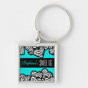 Turquise zebra hjärta Sweet 16 Birthday Keychain Fyrkantig Silverfärgad Nyckelring
