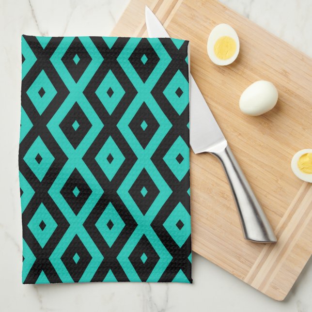 Turquoise and black diamond pattern kökshandduk (Vikt i Fjärdedel)