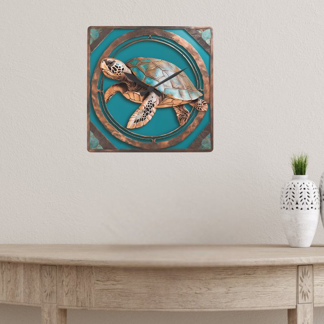 Turquoise and Copper Framed Sea Turtle wall clock Fyrkantig Klocka (Skapare uppladdad)