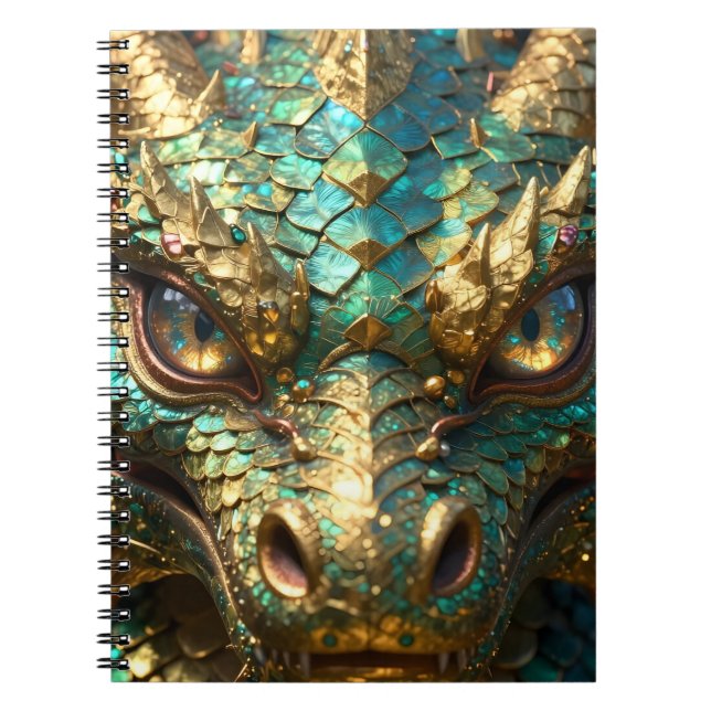 Turquoise and Gold Dragon Face Anteckningsbok (Framsidan)