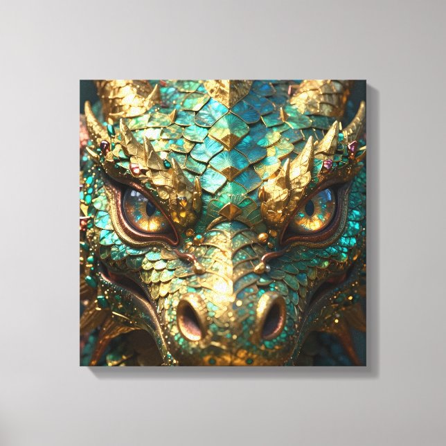 Turquoise and Gold Dragon Face Canvastryck (Framsida)