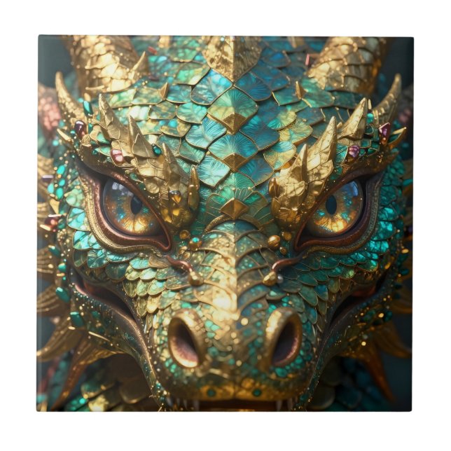 Turquoise and Gold Dragon Face Kakelplatta (Framsidan)