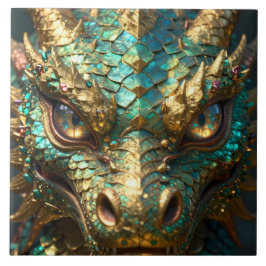 Turquoise and Gold Dragon Face Kakelplatta