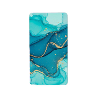 Turquoise and Teal Alcohol Ink Abstract with Gold  Adressetikett