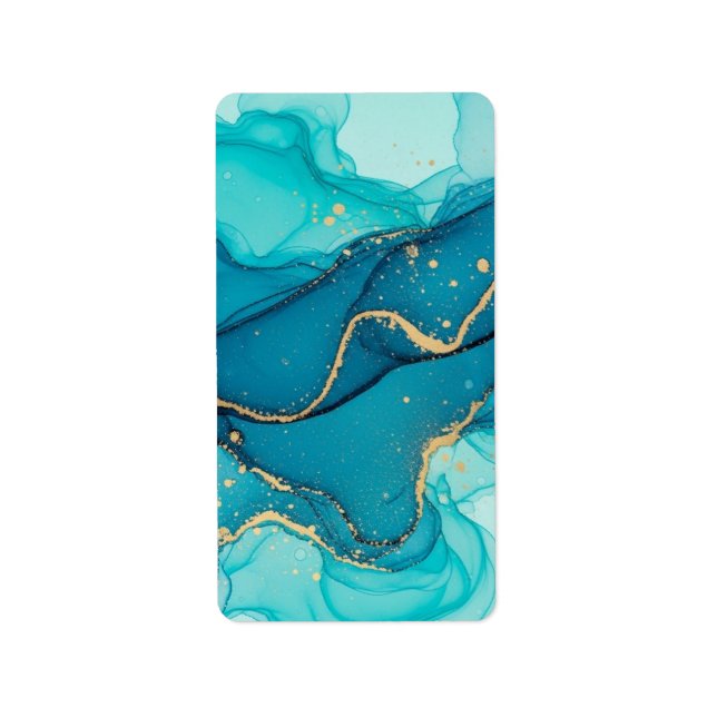 Turquoise and Teal Alcohol Ink Abstract with Gold  Adressetikett (Framsidan)