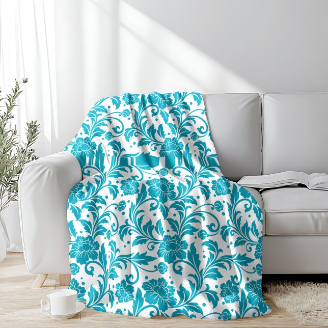 Turquoise and White Floral Damask Pattern Fleecefilt (Skapare uppladdad)