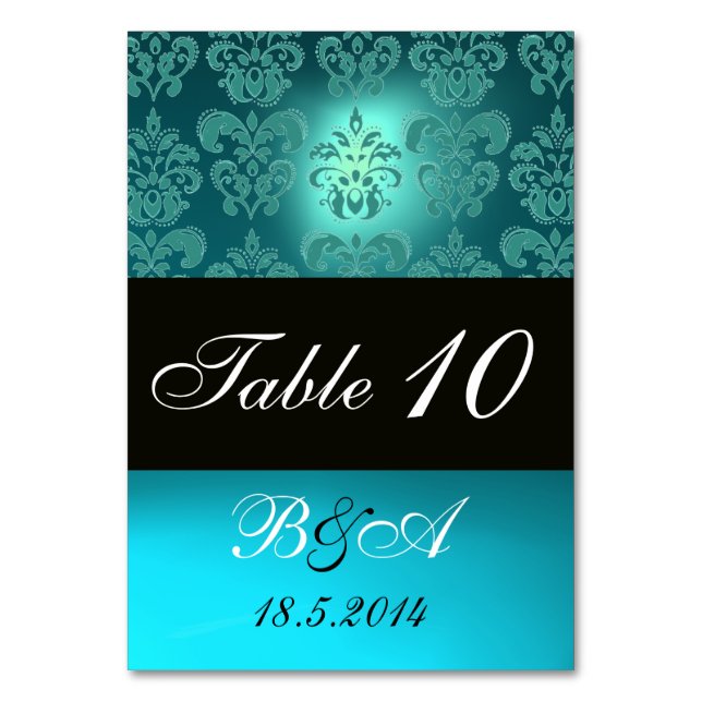 TURQUOISE AQUA BLUE BLACK CLASSY DAMASK MONOGRAM BORDSNUMMER (Baksidan)