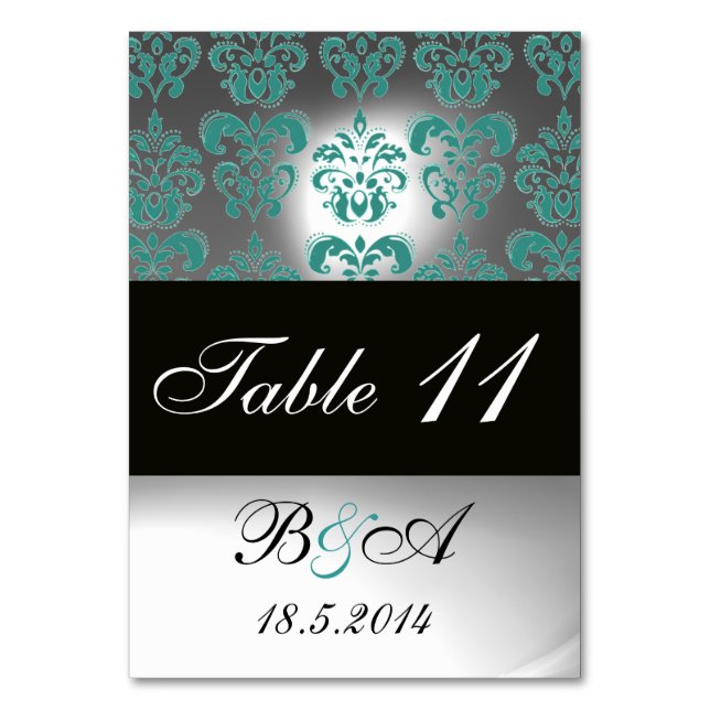 TURQUOISE AQUA BLUE BLACK WHITE DAMASK MONOGRAM BORDSNUMMER (Framsidan)