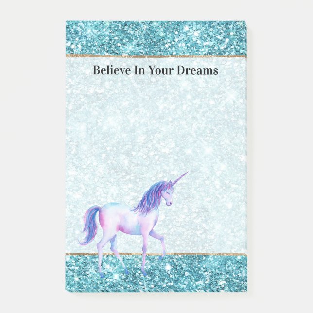Turquoise Aqua Glitz Glitter Purple Unicorn Post-it Block (Framsida)