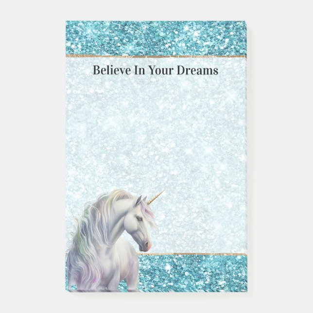 Turquoise Aqua Glitz Glitter Unicorn Post-it Block (Framsida)